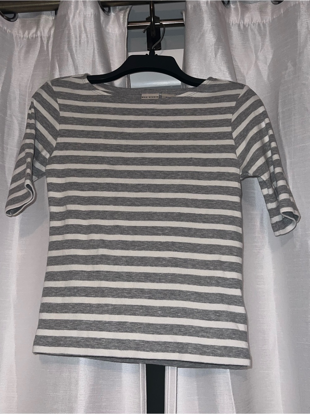 Max Studio Gray & White Striped Boatneck Top Sz S